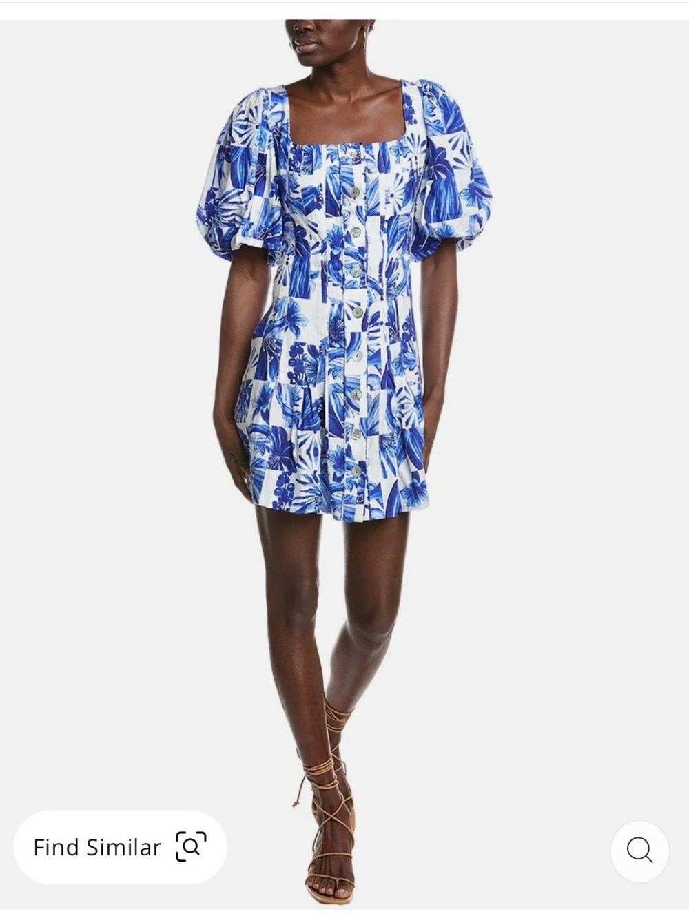 Farm Rio Garden Tiles Plaid Linen NWT Size S Blue Floral Puff-Sleeve Mini Dress